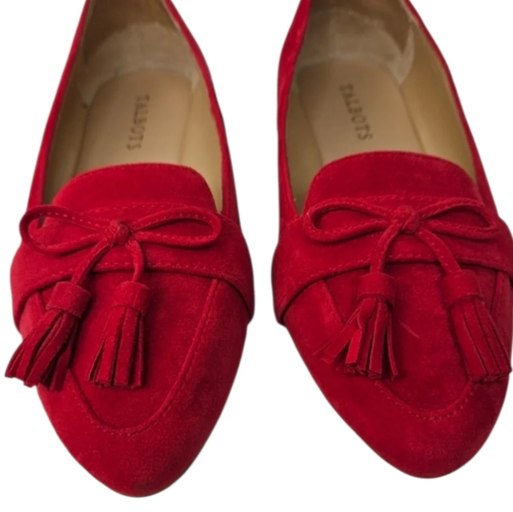 Talbots Francesca Red Suede Driving Flats Bow Tassel Pointed Toe 6.5